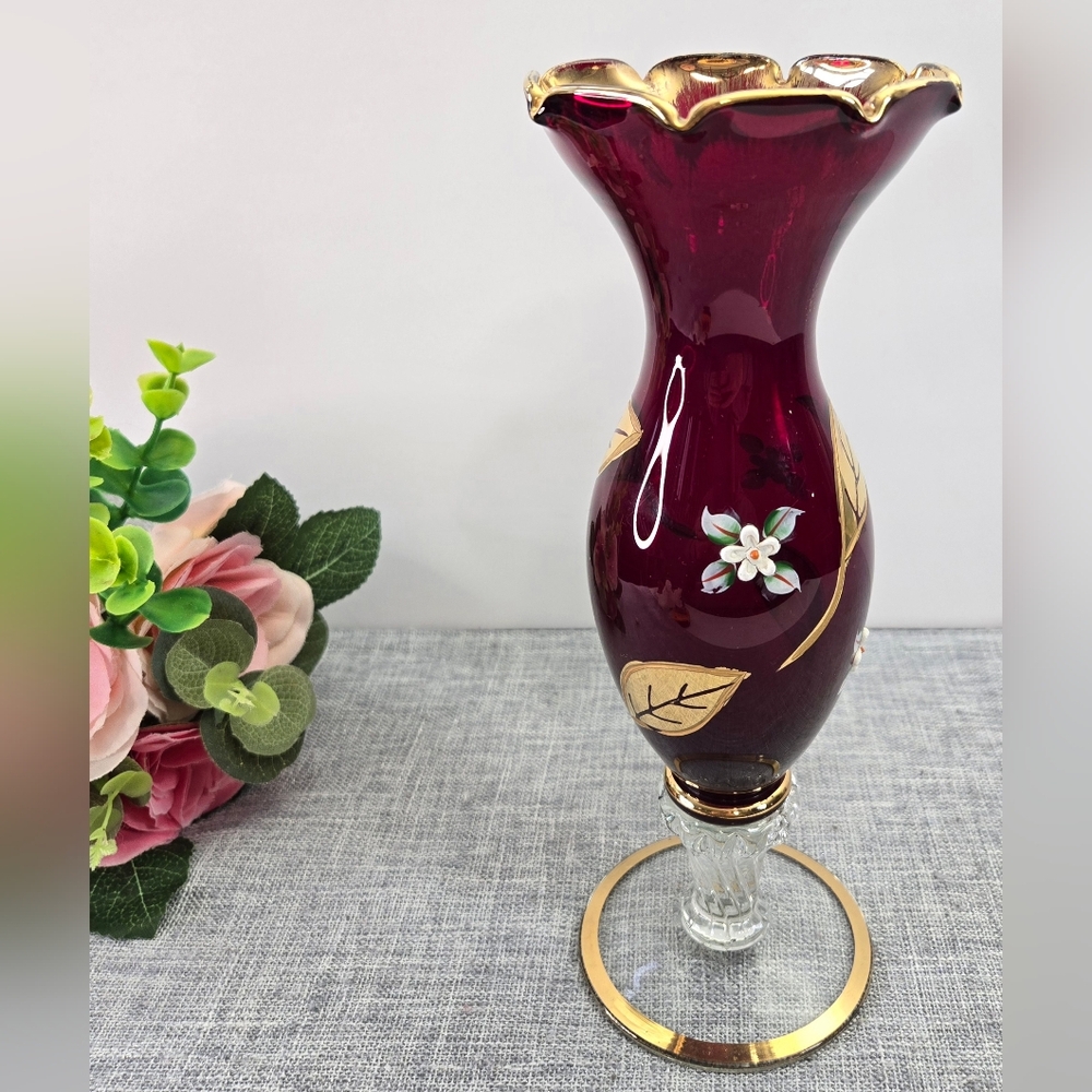 Vintage Ruby Glass Gilded Footed Vase Hand Painted Enamel‎ 9.5" Made In Italy?